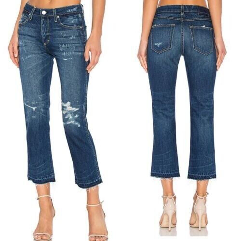 AMO Jeans Womens 28" Boy High Rise Cropped Raw Hem Button Fly Blue Nile Destroy